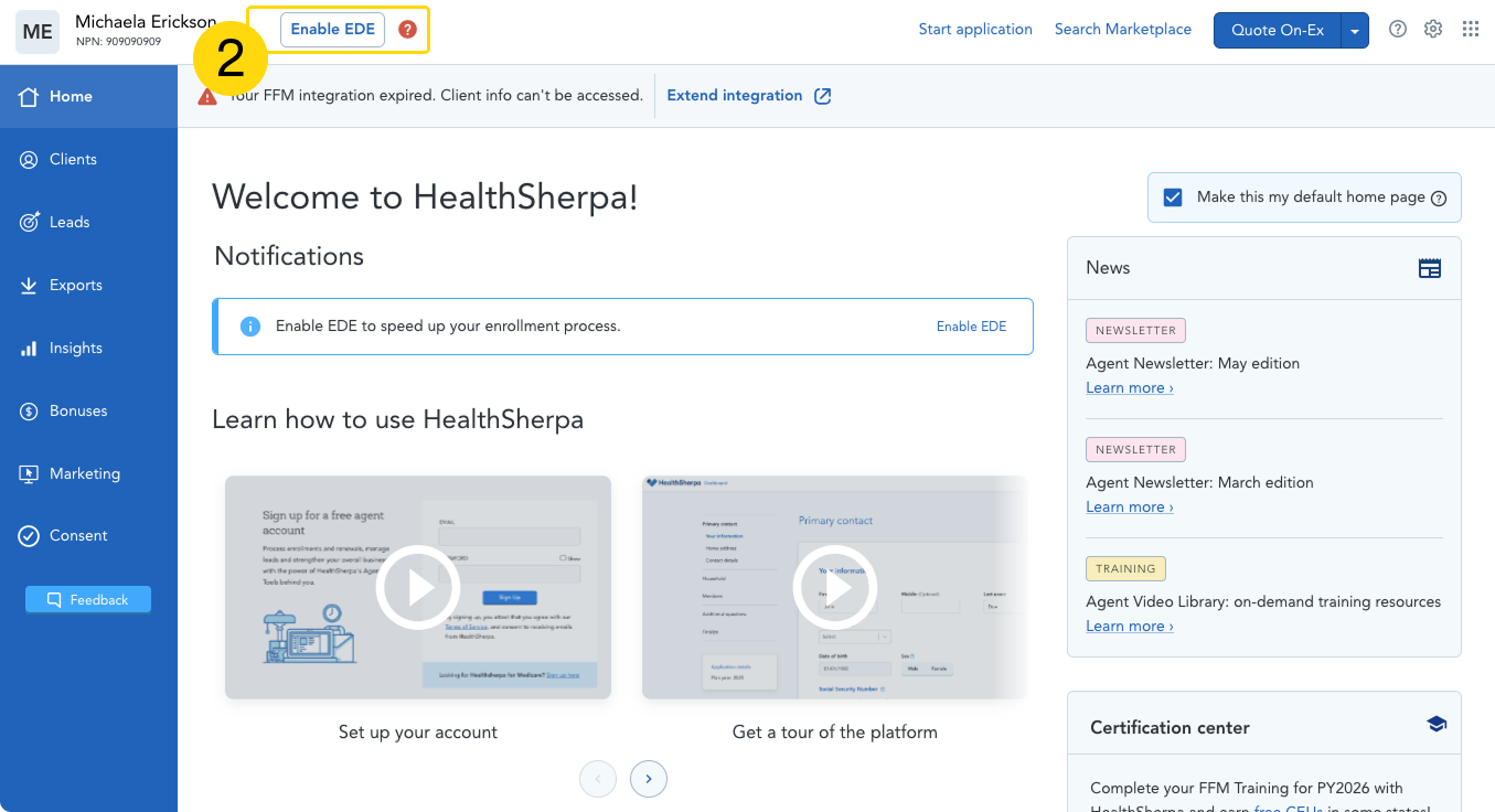 HealthSherpa Dashboard showing EDE Enabled button